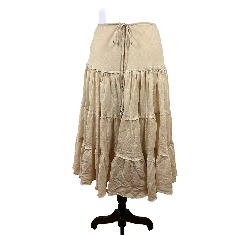 Express Tiered Silk & Cotton Skirt | Beaded Tie Waist | Size Medium | NWT
